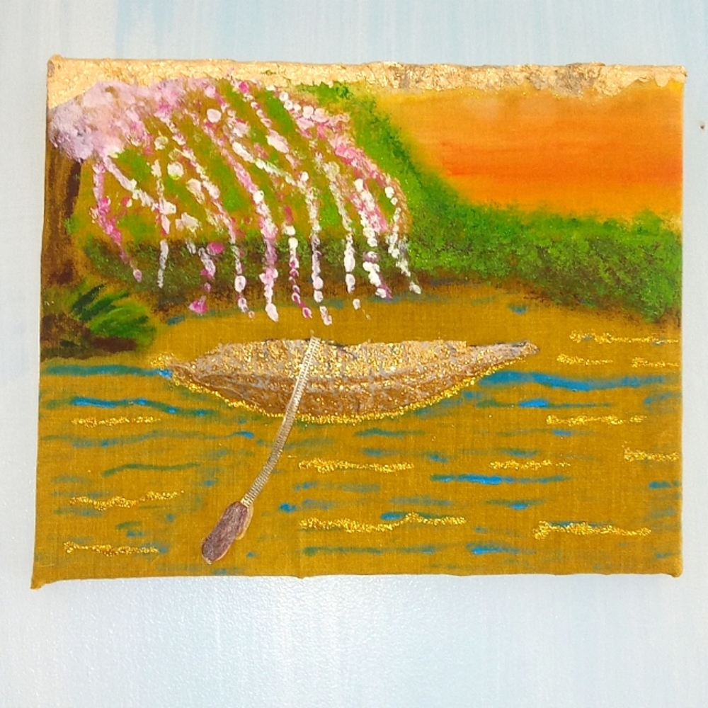 Retro landscape 8x10 japanese cherry blossom and boat canvas wall decor
